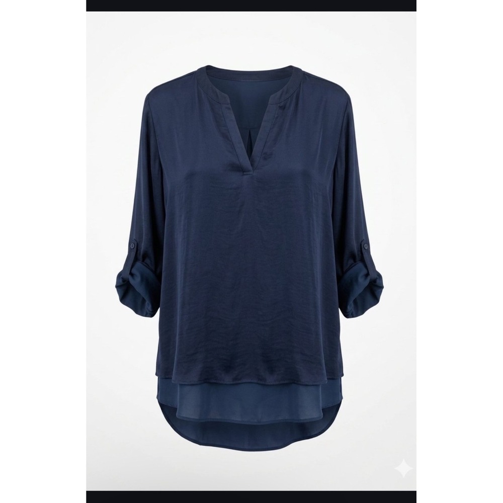 Chicos Navy Blue Layered High Low Tunic V-Neck Roll Tab Sleeve Top Size XL